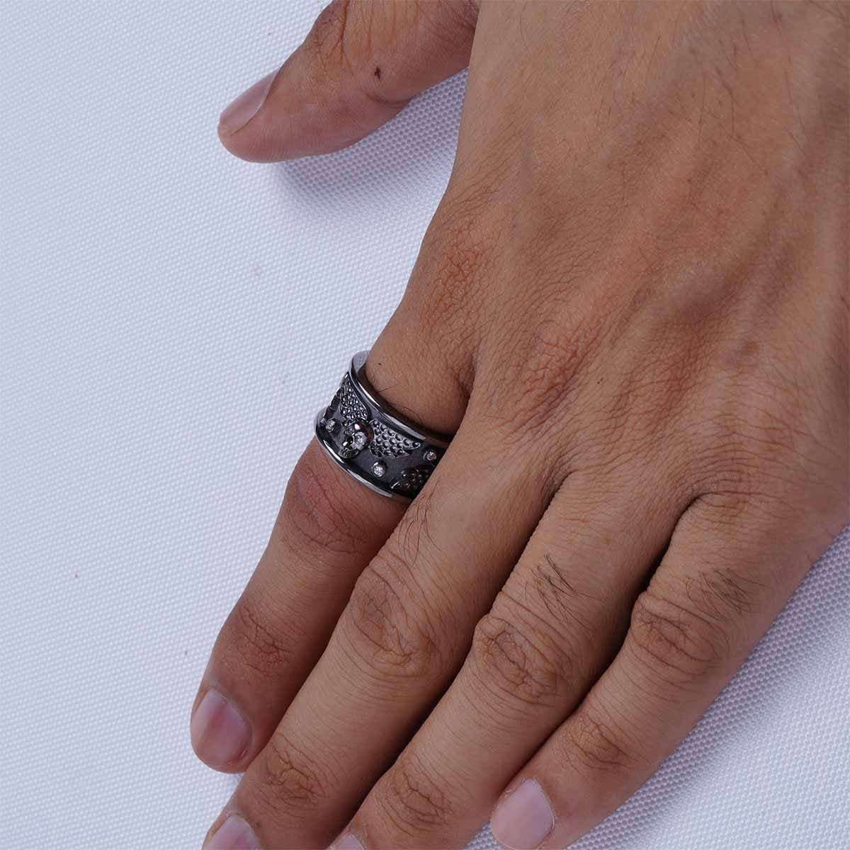 Winged Skull Anniversary Band for Him Gothic Wedding Ring Mens