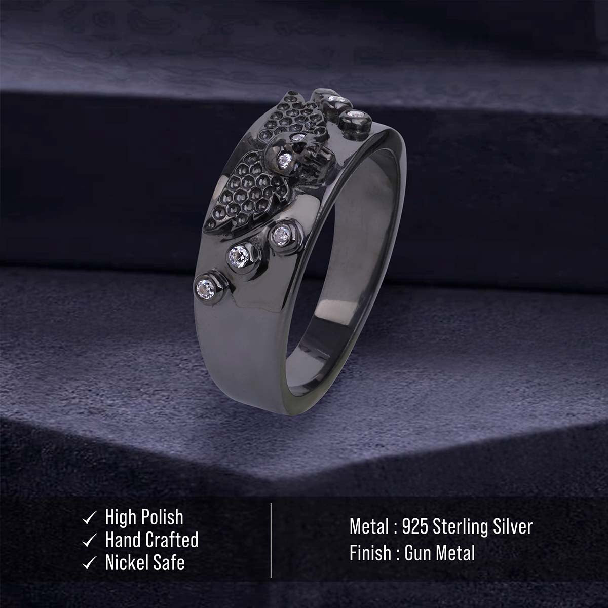 Angel Wings Skull Ring Dark Gothic Wedding Band for Women