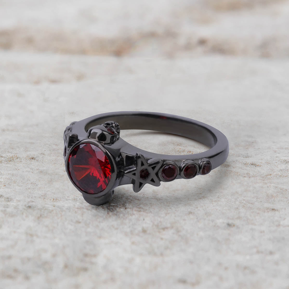 Pentagram Skull Ring Natural Red Garnet Gothic Engagement Ring