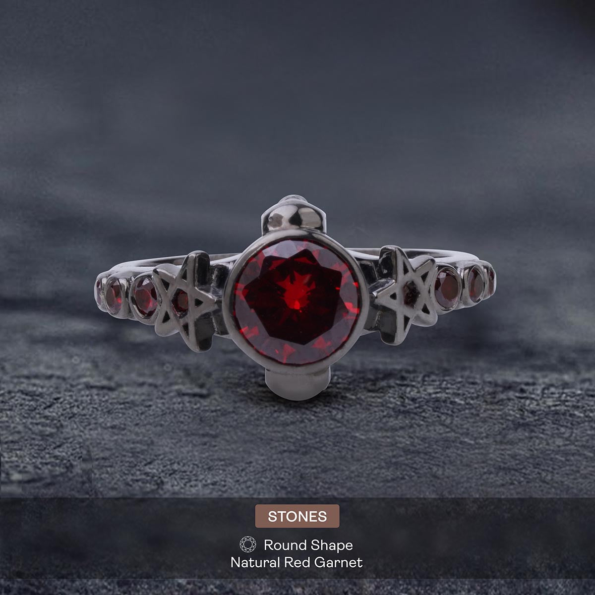 Pentagram Skull Ring Natural Red Garnet Gothic Engagement Ring