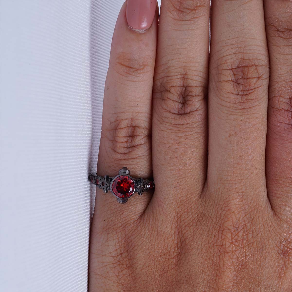 Pentagram Skull Ring Natural Red Garnet Gothic Engagement Ring