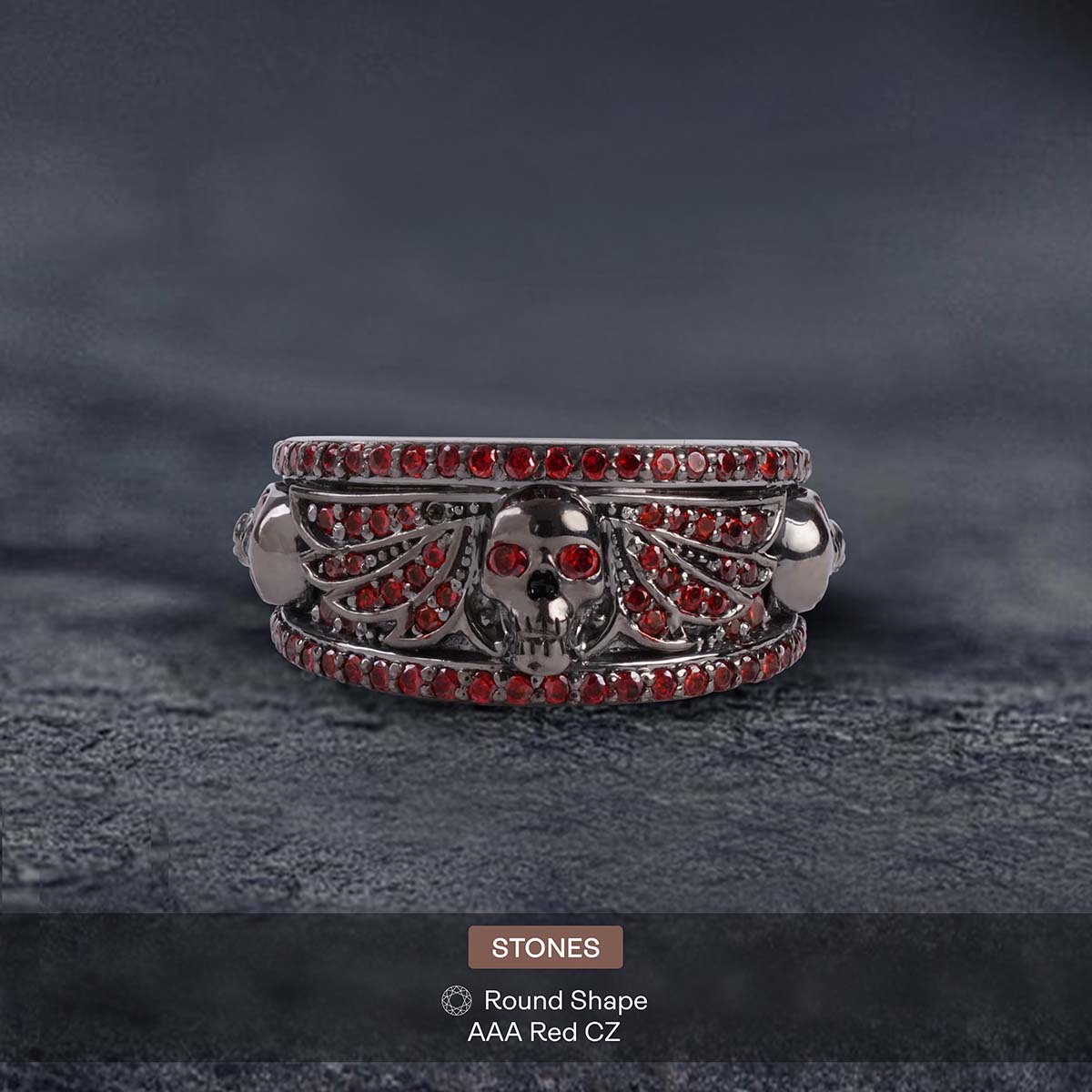 Winged Skull Wedding Ring Gothic Engagement Jewelry Gun Metal Finish