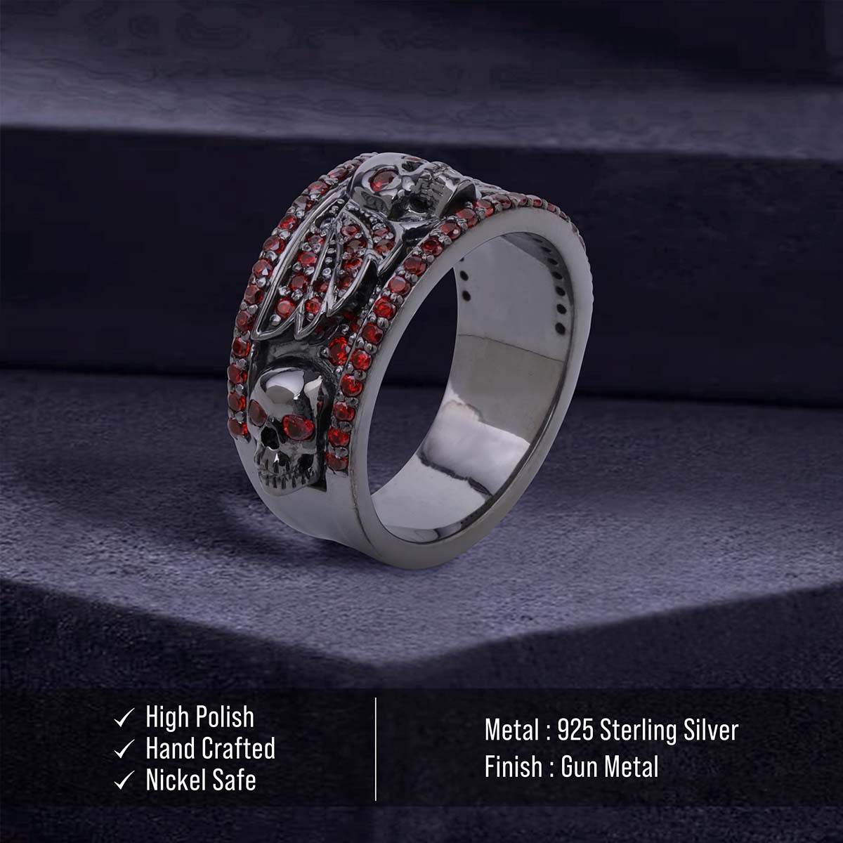 Women's Winged Skull Ring Natural Red Garnet Gothic Jewelry