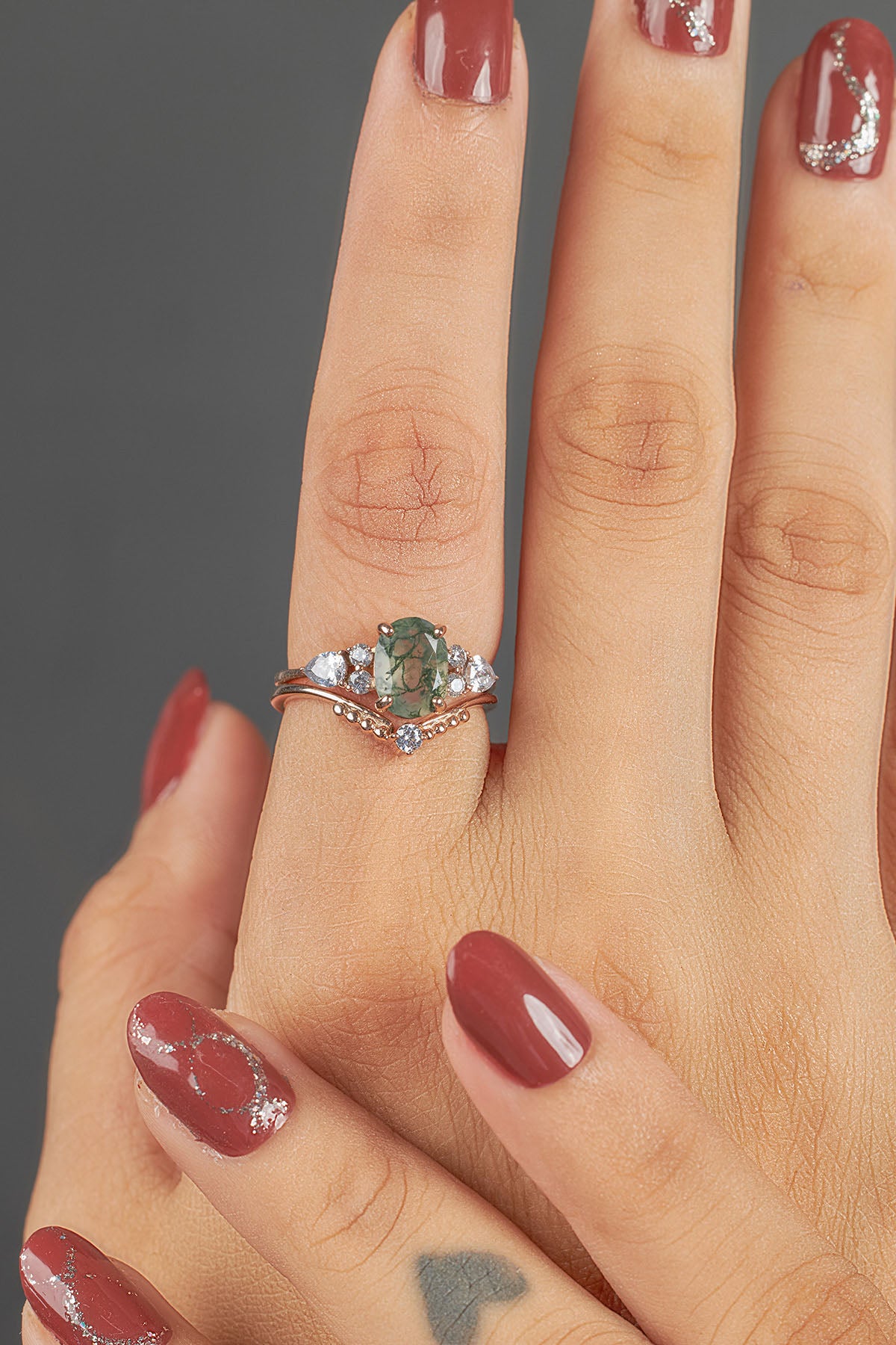 Oval Moss Agate Bridal Ring Set Aesthetic Nature Inspired Jewelry