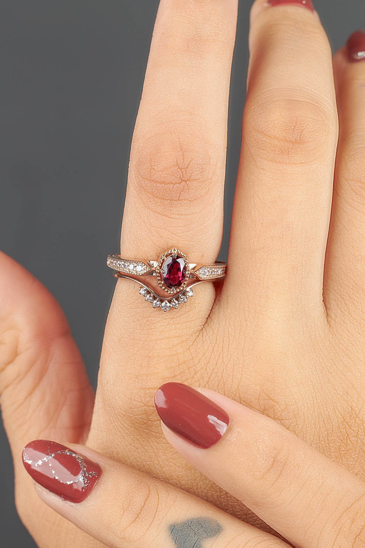 Rhodolite Engagement Ring Set Vintage Inspired Bridal Rings