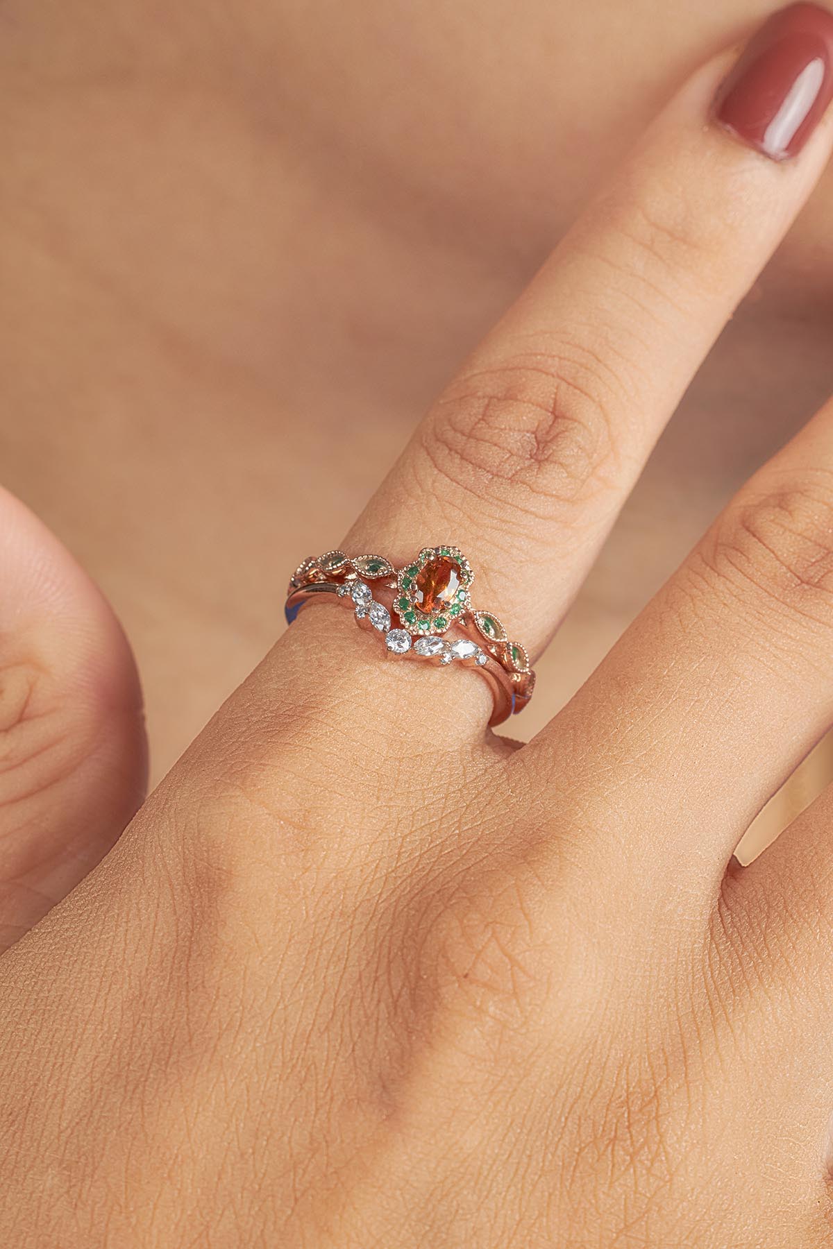 Hessonite Art Deco Engagement Ring Set Vintage Wedding Rings