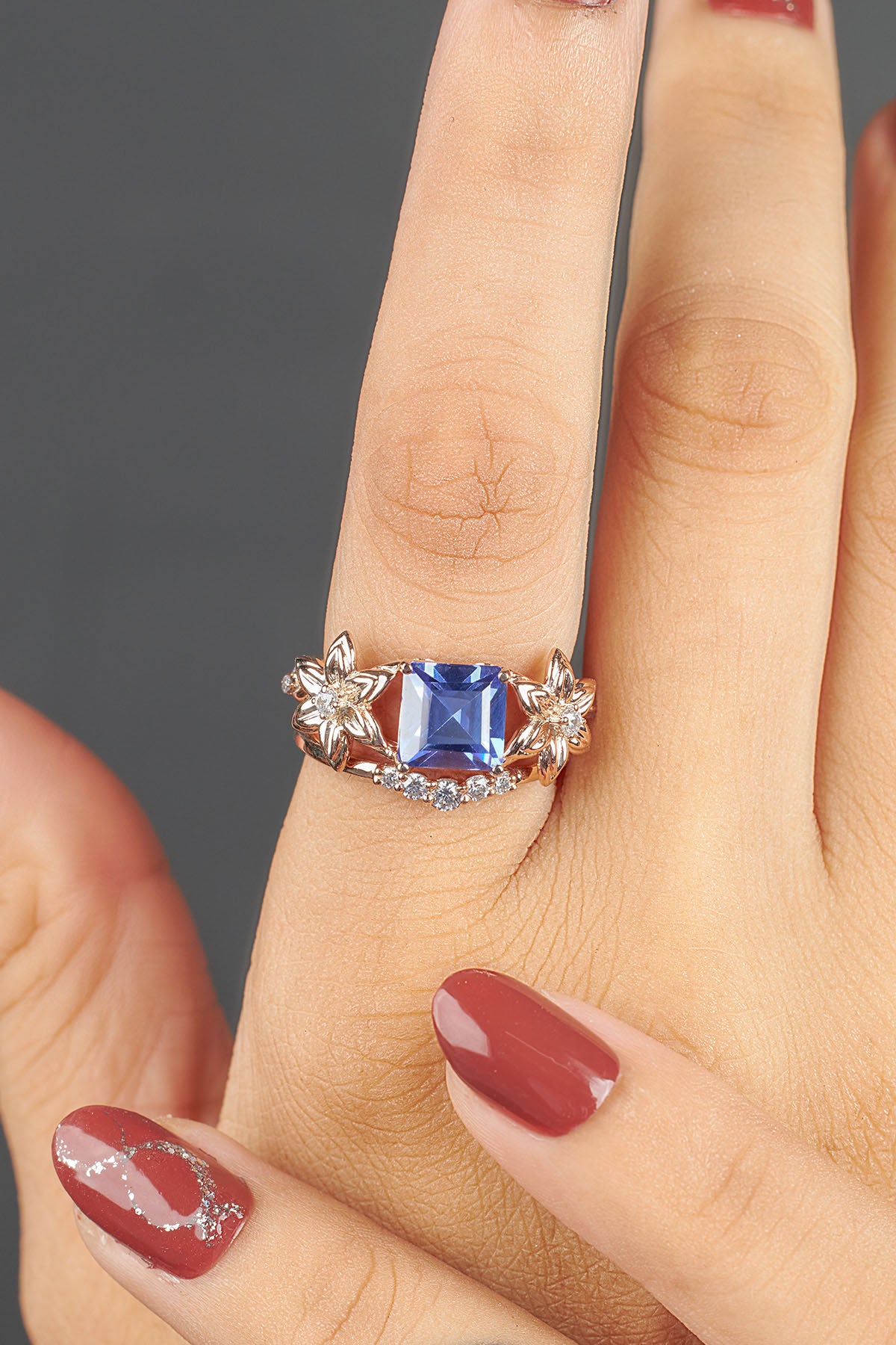 Nature Inspired Bridal Ring Set Blossom Flower Engagement Ring