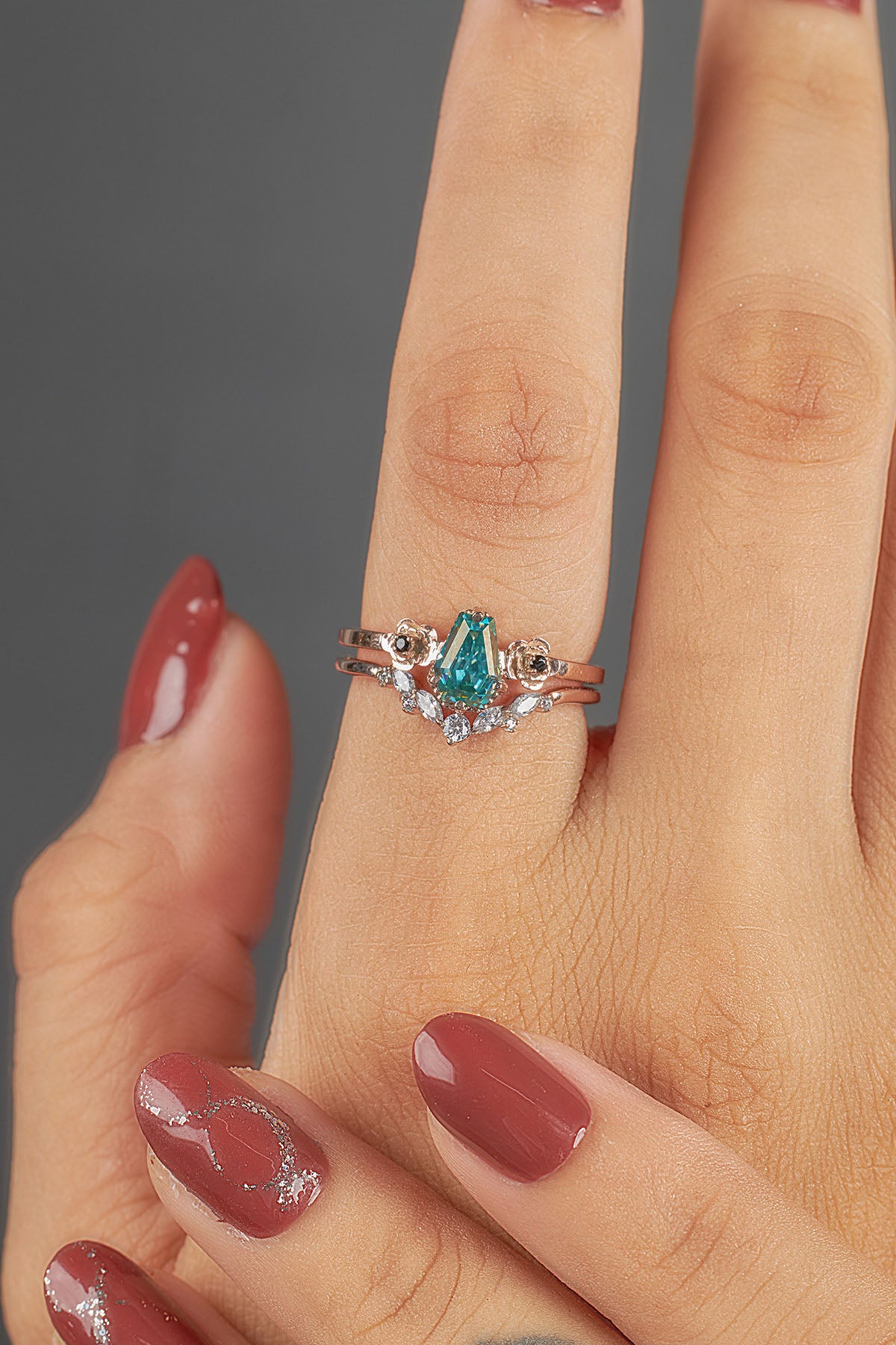 Colored Moissanite Coffin Engagement Ring Set 18k Rose Gold