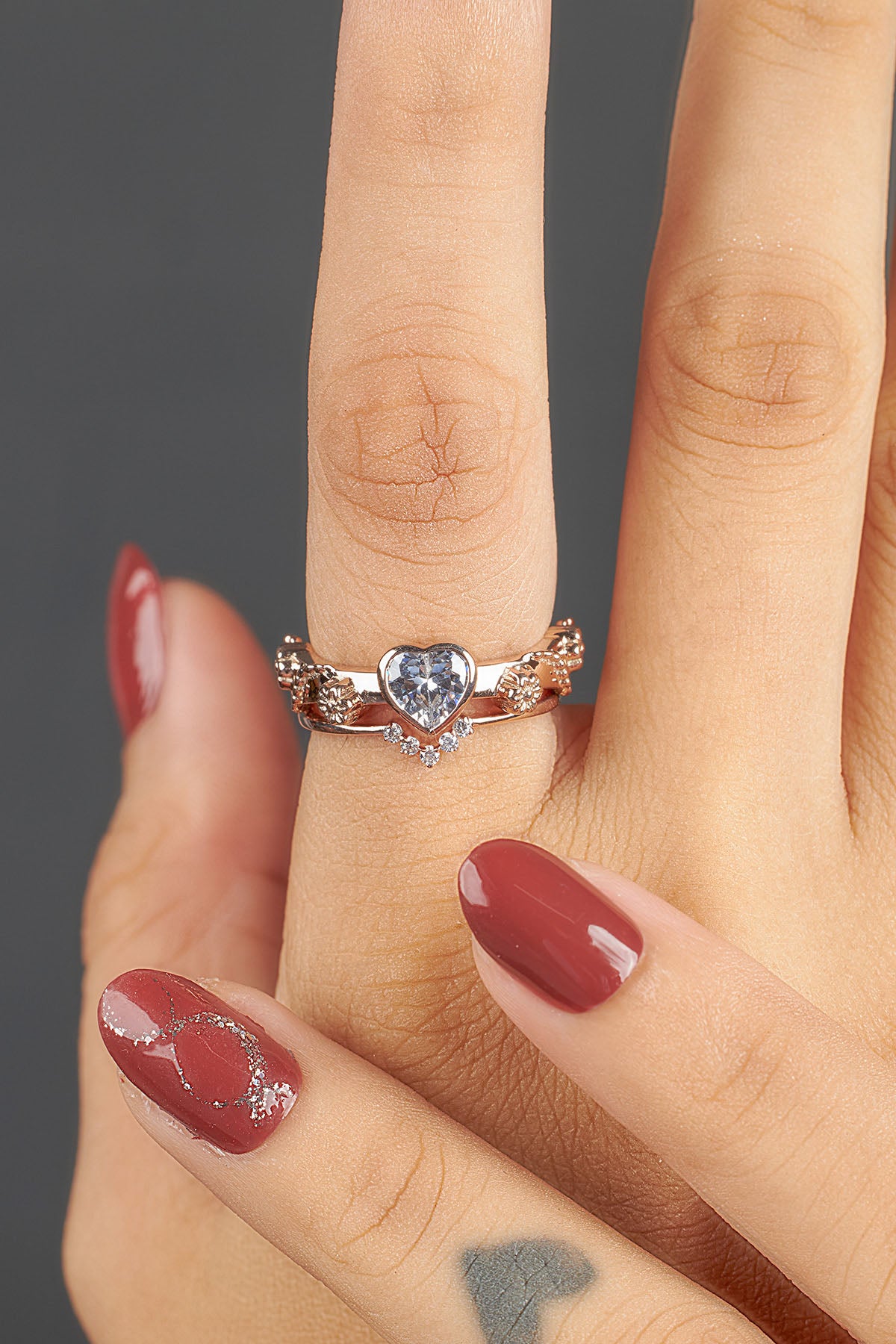 Heart Moissanite Engagement Ring Set Floral Bridal Rings