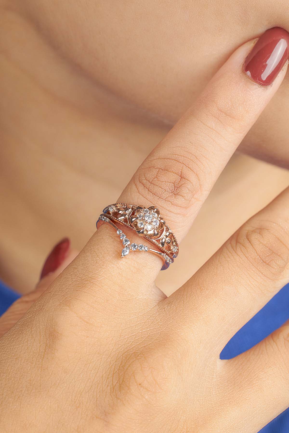 Blossom Flower Ring Set Rose Gold Nature Inspired Bridal Rings