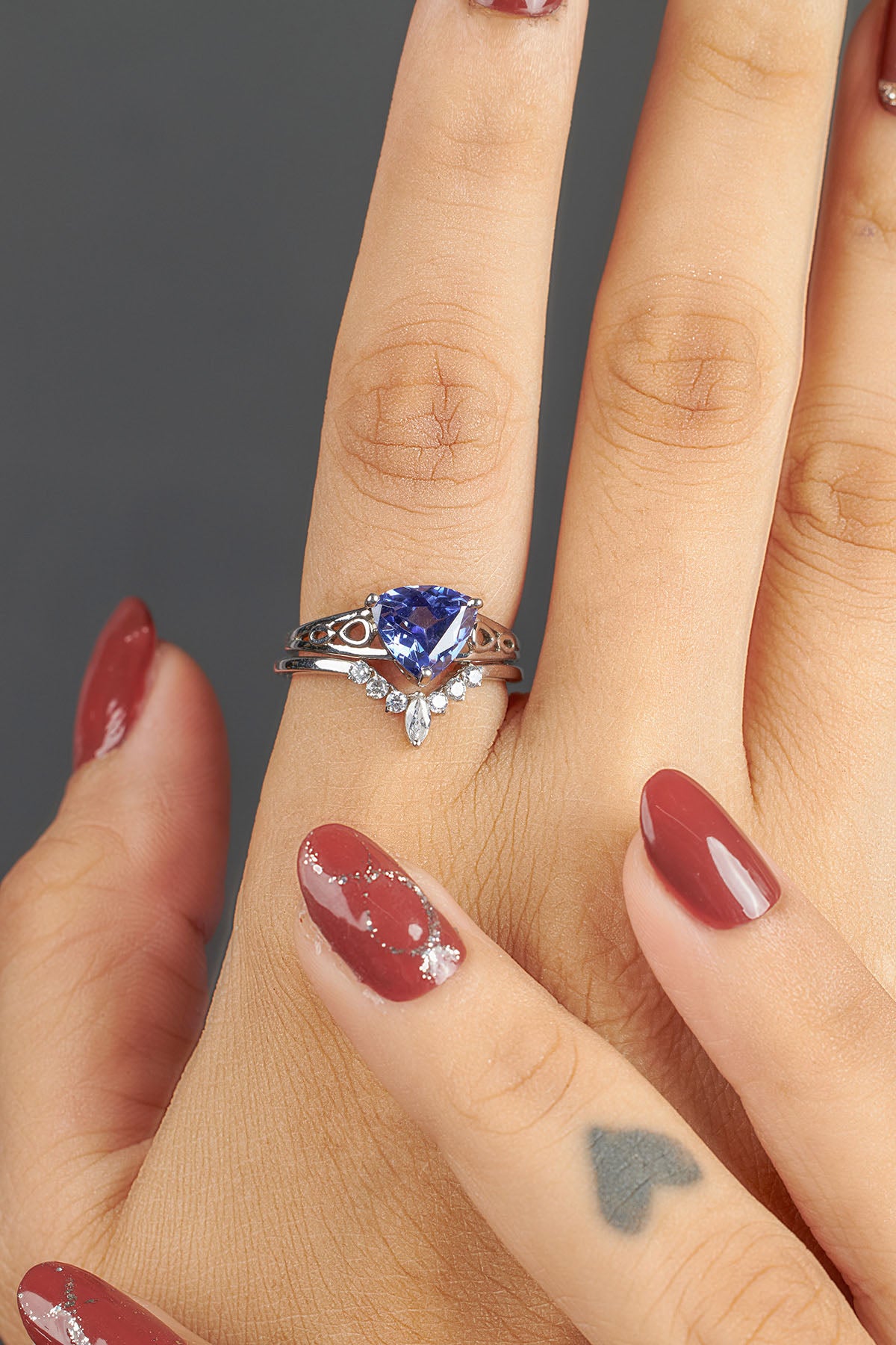 Trillion Cut Blue Titanic Gemstone Bridal Ring Set 14k White Gold