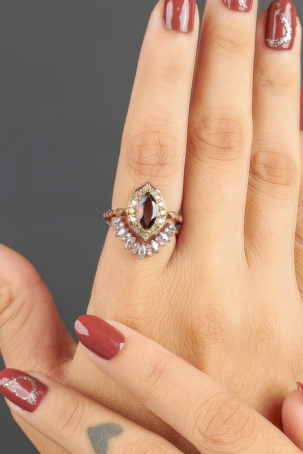 1920's Vintage Inspired Bridal Ring Set Marquise Cut Red Garnet