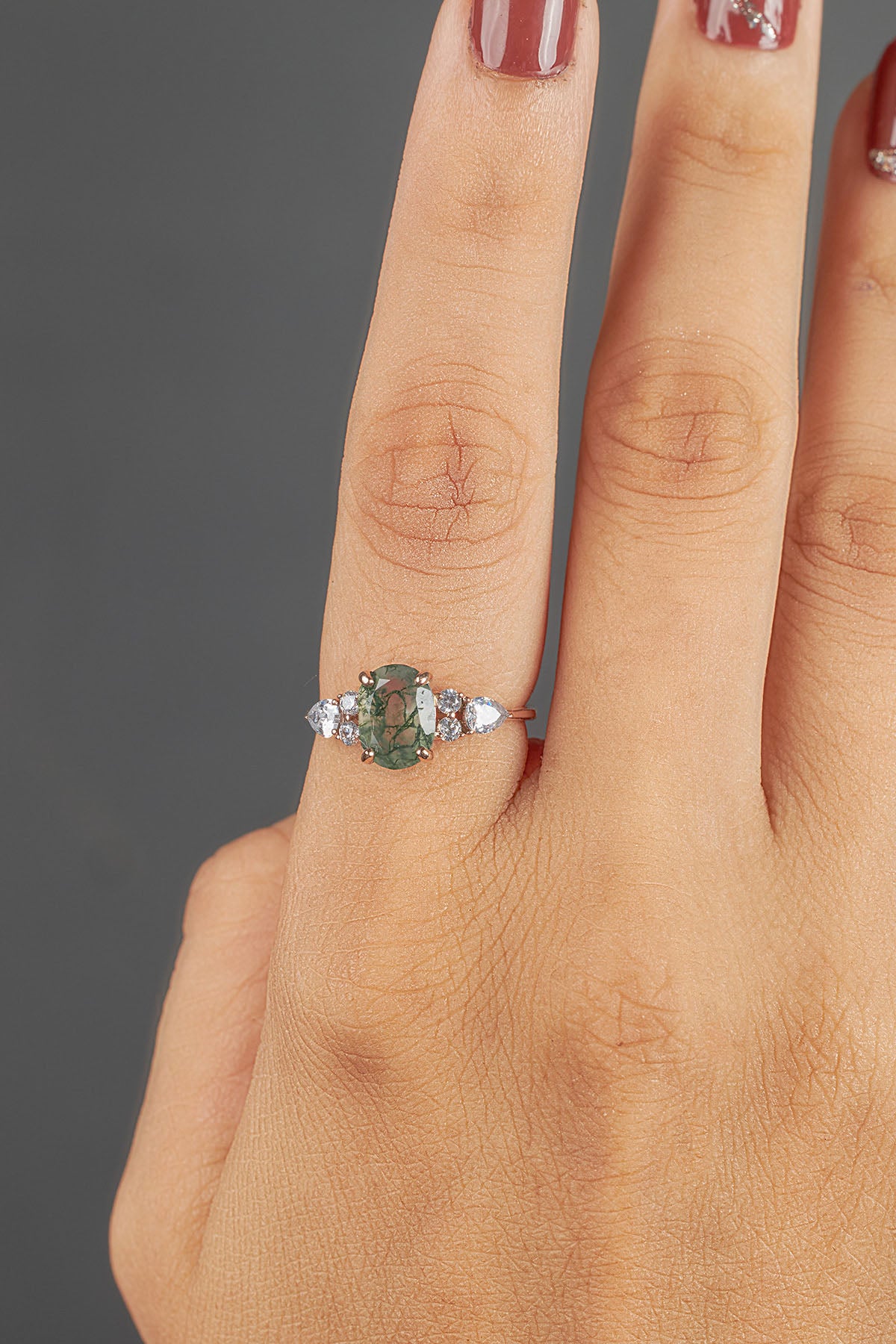 Oval Cut Natural Moss Agate Ring Pear Round Moissanite Unique Gemstone Engagement Ring Rose Gold Sterling Silver