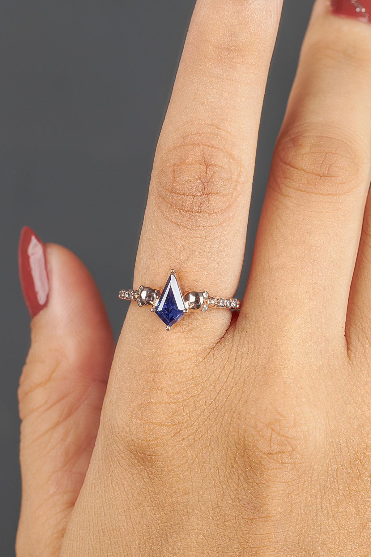 Kite Cut Blue Titanic Skull Ring Set Gothic Bridal Wedding Rings