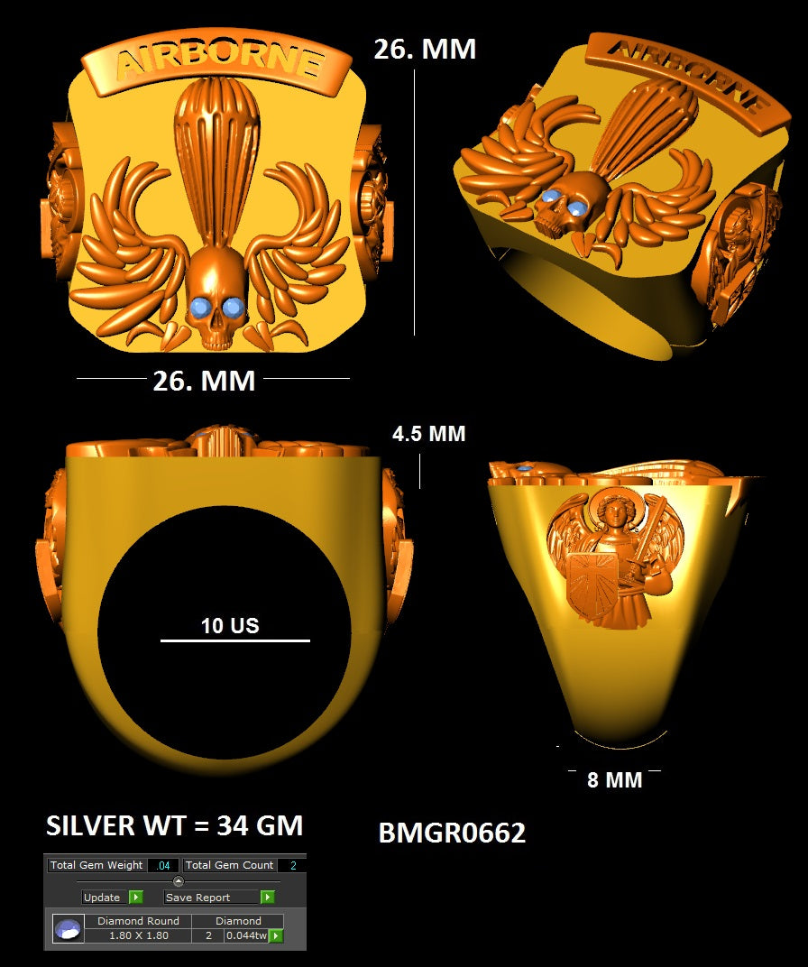 Airborne Skull and Wings Ring for Men Red CZ Eyes Sterling Silver Gun Metal Finish
