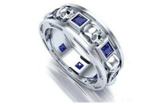 Skull Wedding Band For Men Blue Sapphire Gothic Rings Sterling Silver
