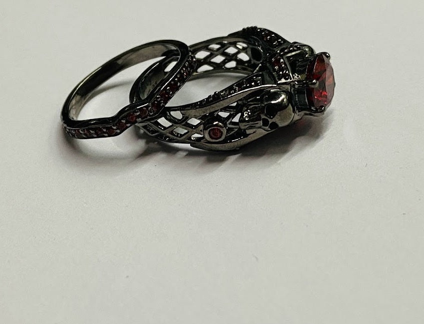 Dark Vampire Queen Skull Engagement Ring Set Bridal Ring Sets