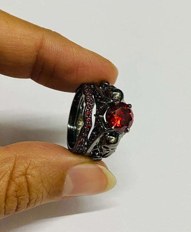 Dark Vampire Queen Skull Engagement Ring Set Bridal Ring Sets