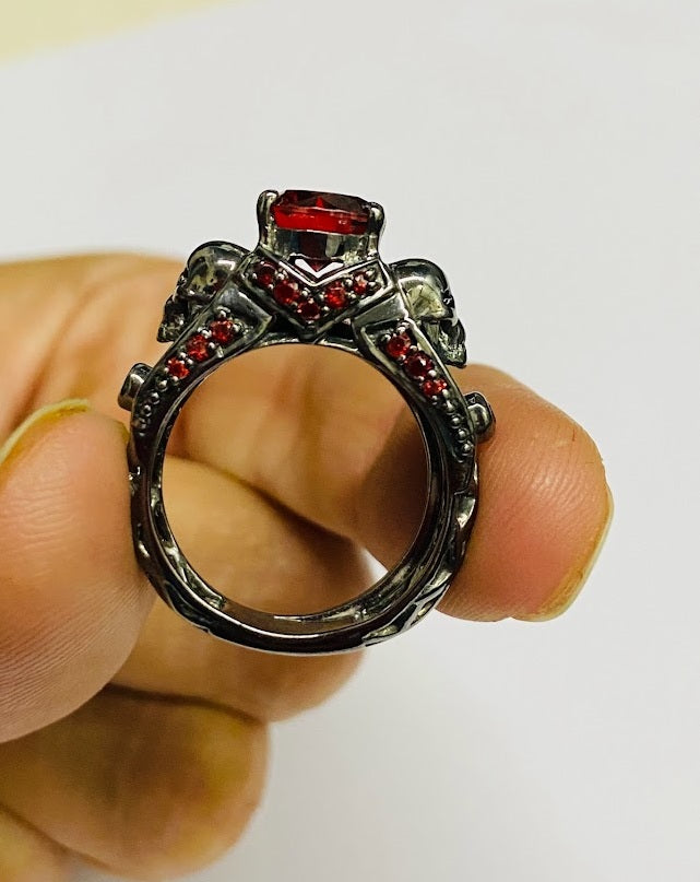 Dark Vampire Queen Skull Engagement Ring Set Bridal Ring Sets