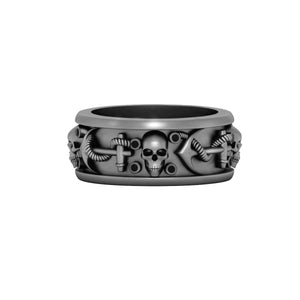 Mens Black Skull Band On 925 Sterling Silver Anchor Skull Wedding Band