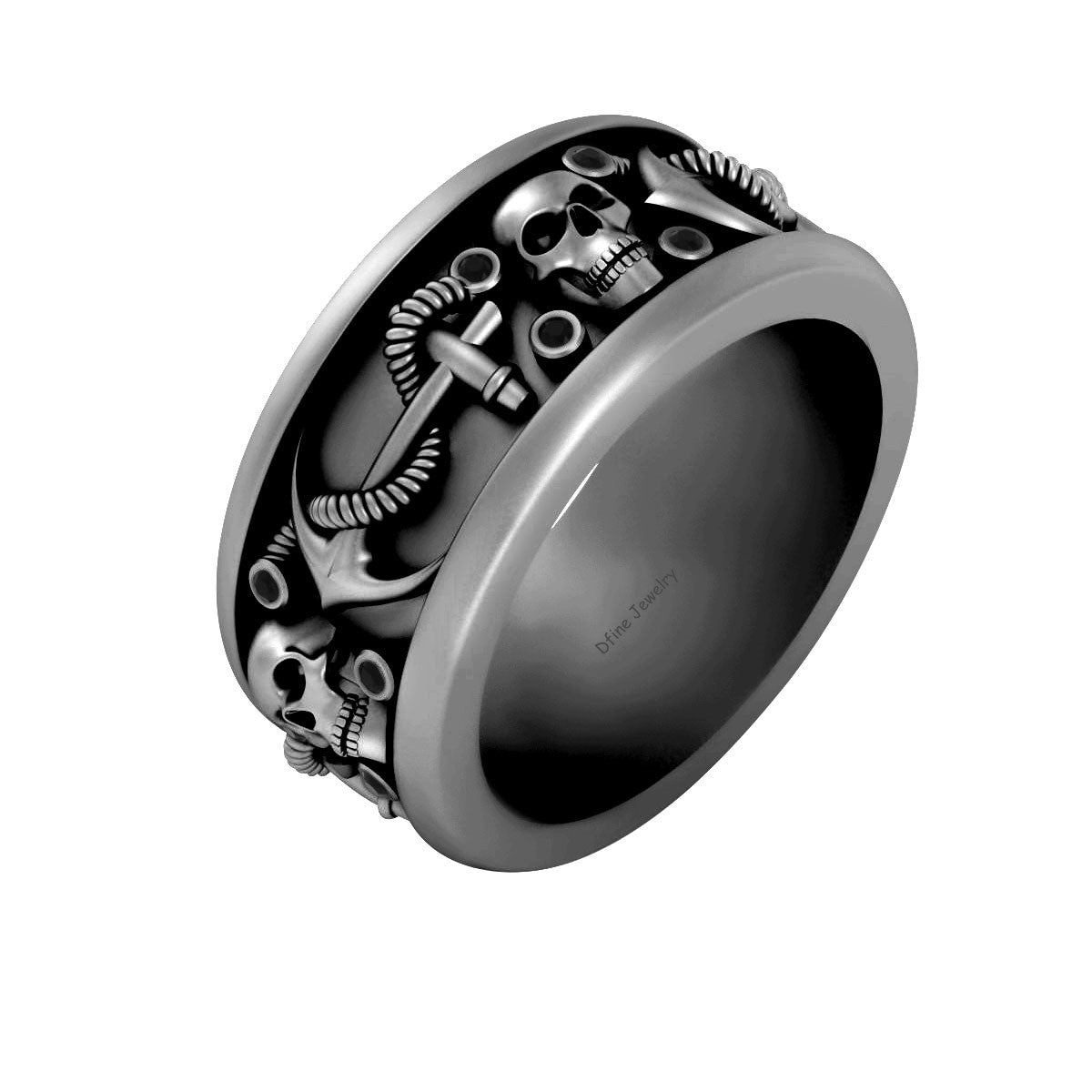 Onyx Anchor Skull Wedding Band Silver Gothic Biker Skull Band For Men