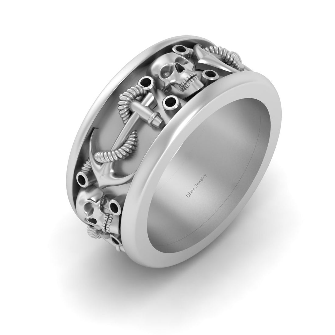 Skull Wedding Band Mens Nautical Anchor Pirate Skull Band White Gold