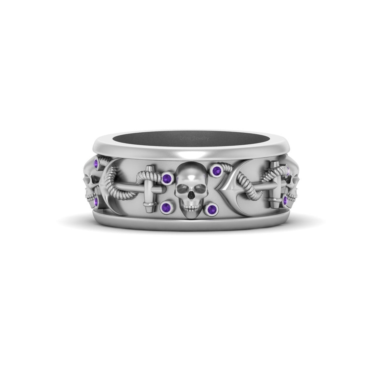 Skull Anchor Wedding Band Solid White Gold Skull Band Badass Biker