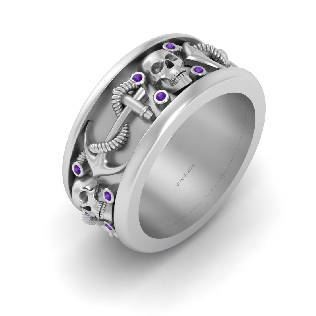 Skull Anchor Wedding Band Solid White Gold Skull Band Badass Biker