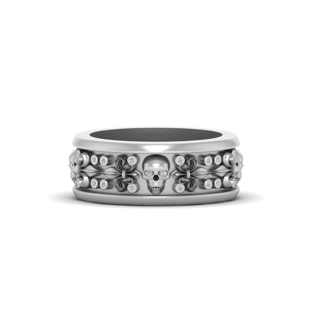 Diamond Gothic Skull Band French Flower Skull Wedding Band Mens