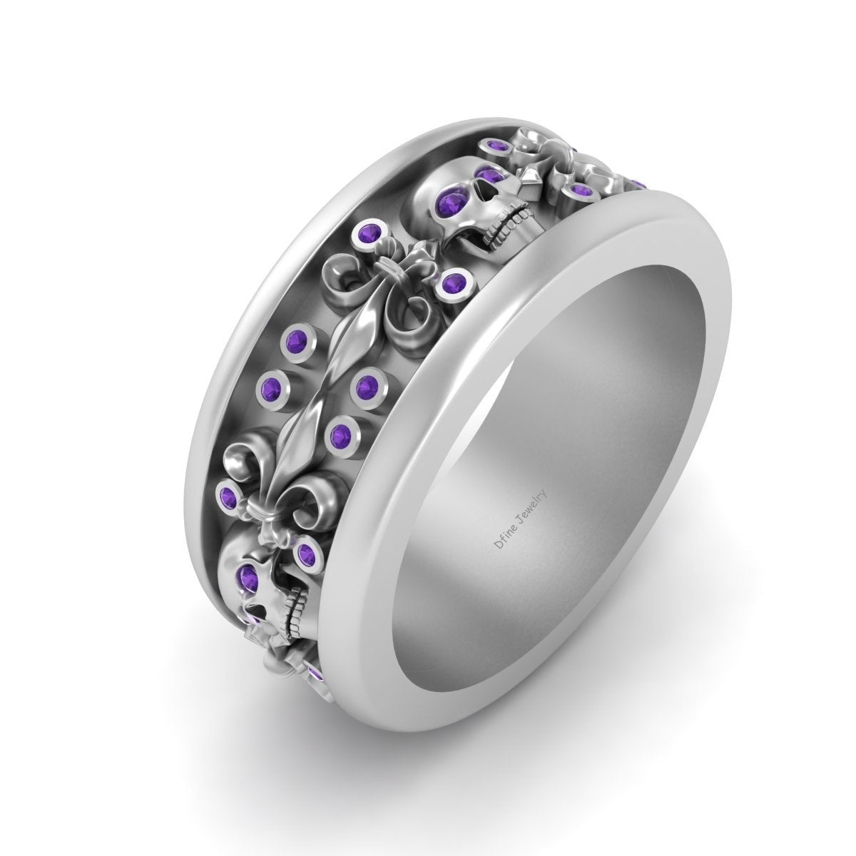 Amethyst Skull Wedding Band Fleur De Lis Gothic Skull Band Mens Silver