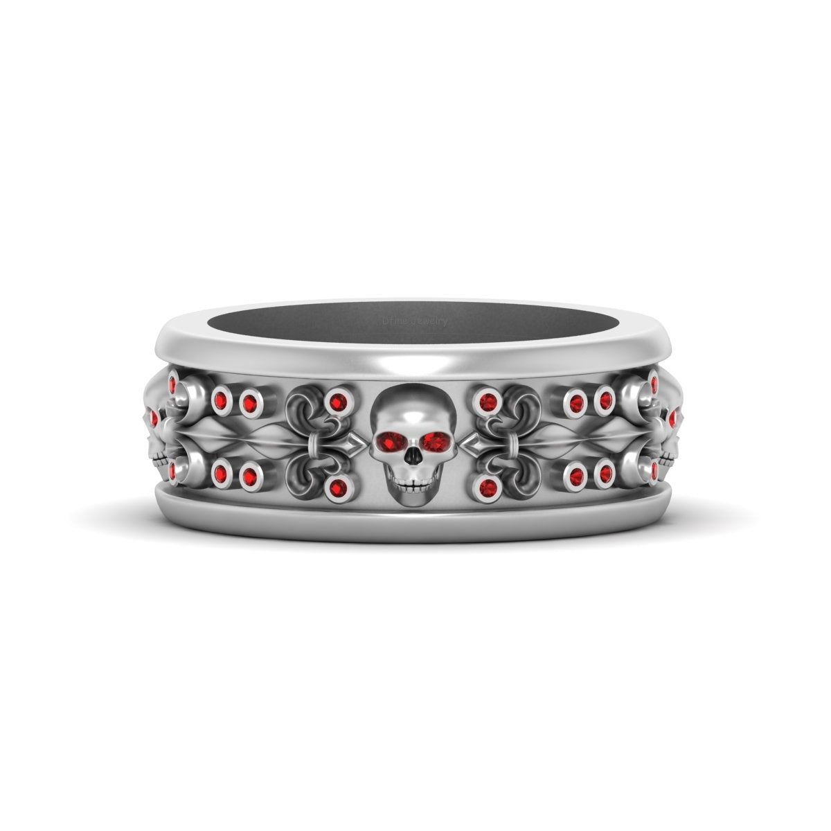 Bikers Skull Wedding Band Red Garnet Fleur De Lis Skull Band For Men