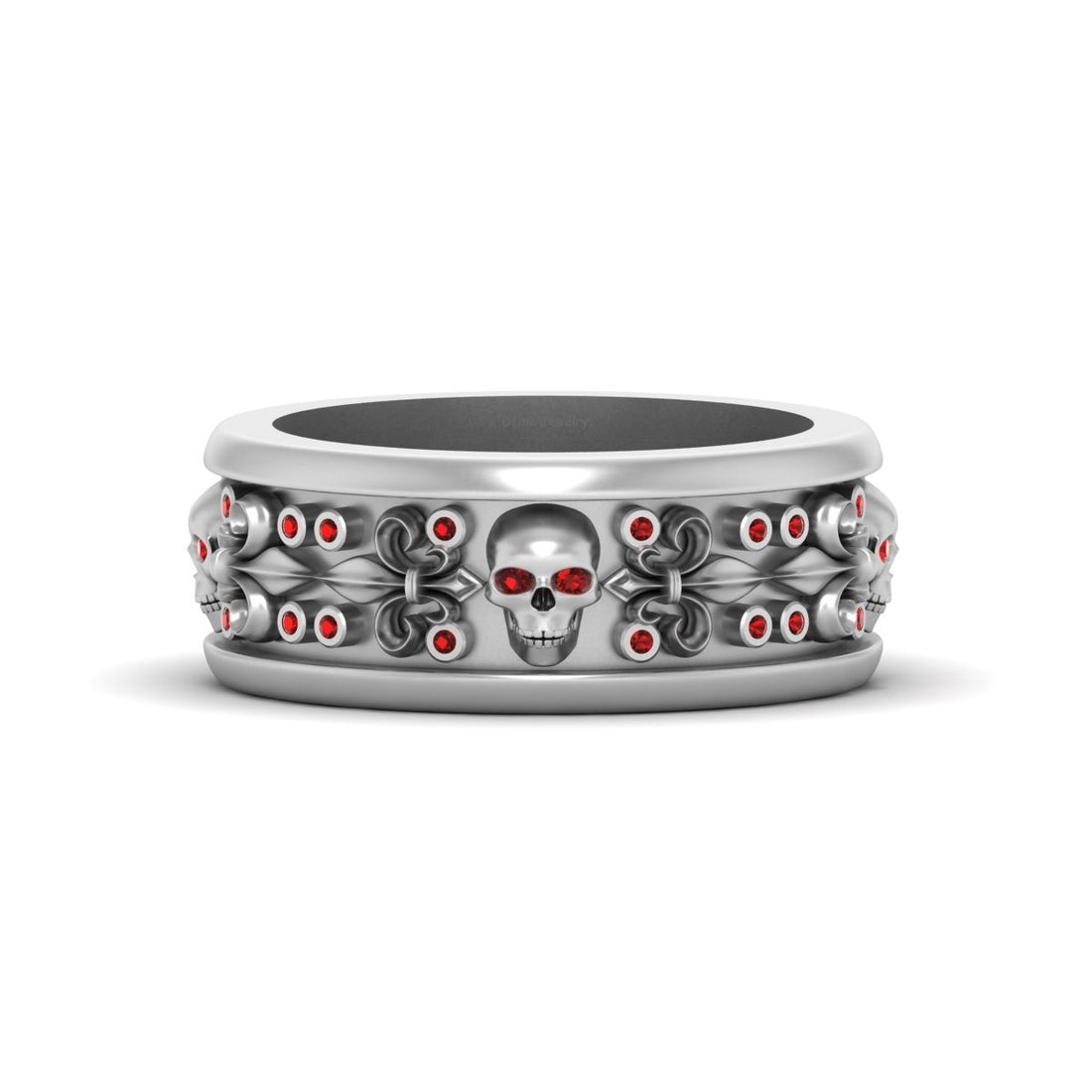 Mens Gothic Skull Wedding Band Red Garnet Fleur De Lis Skull Badass