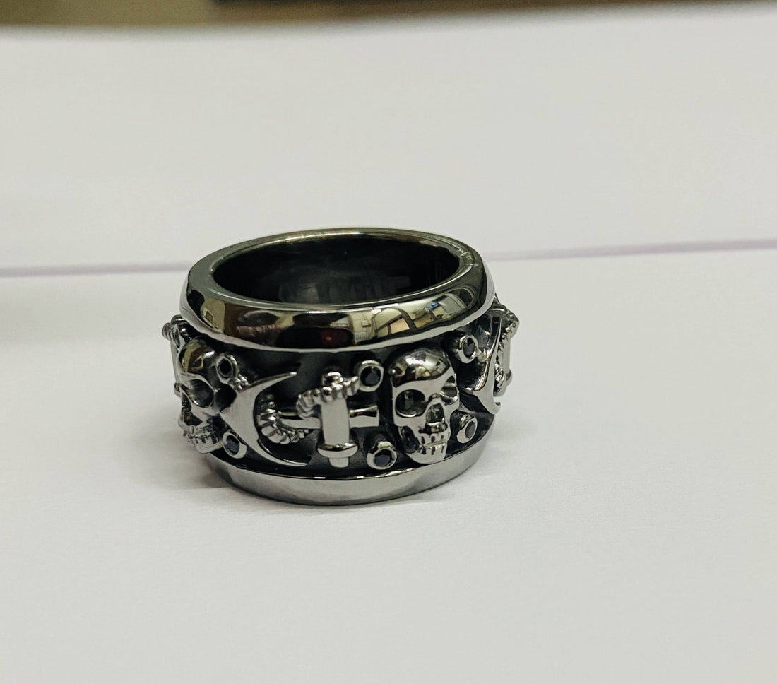 Onyx Anchor Skull Wedding Band Silver Gothic Biker Skull Band For Men