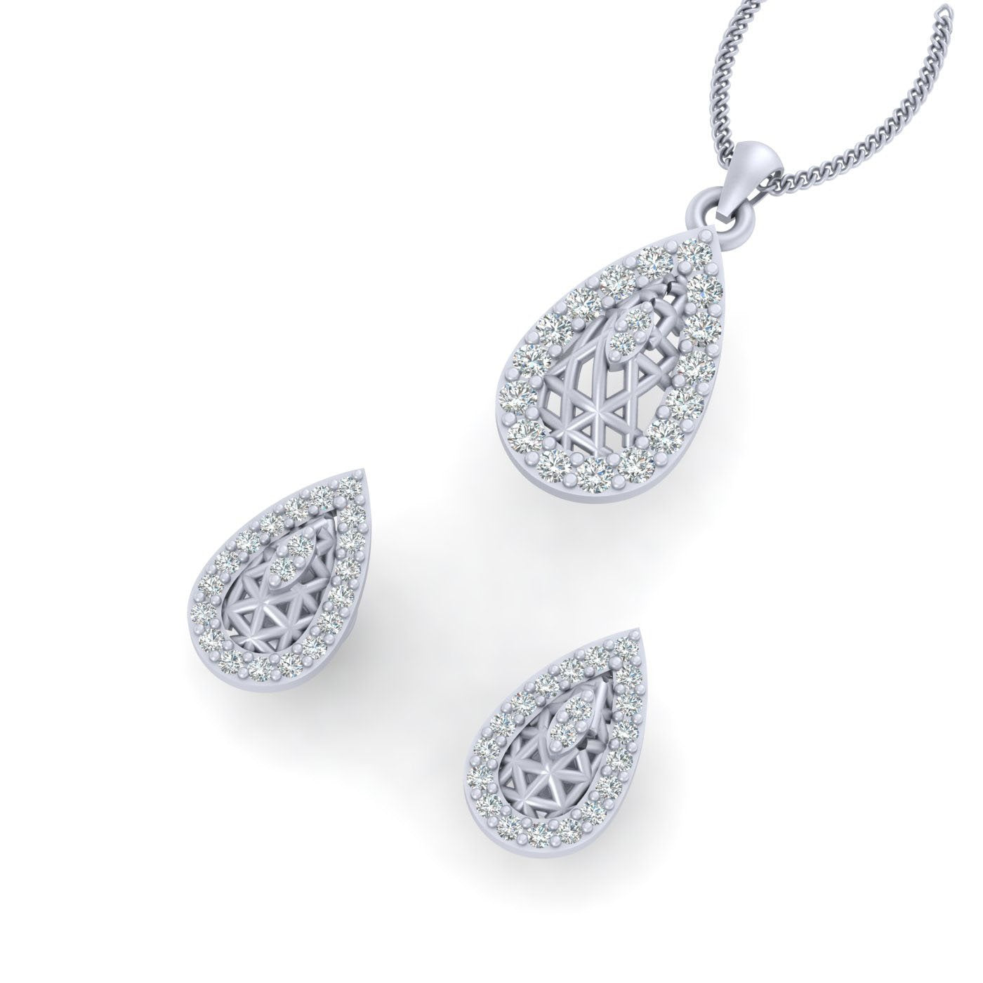 GOLD MESH DIAMOND PENDANT EARRINGS SET