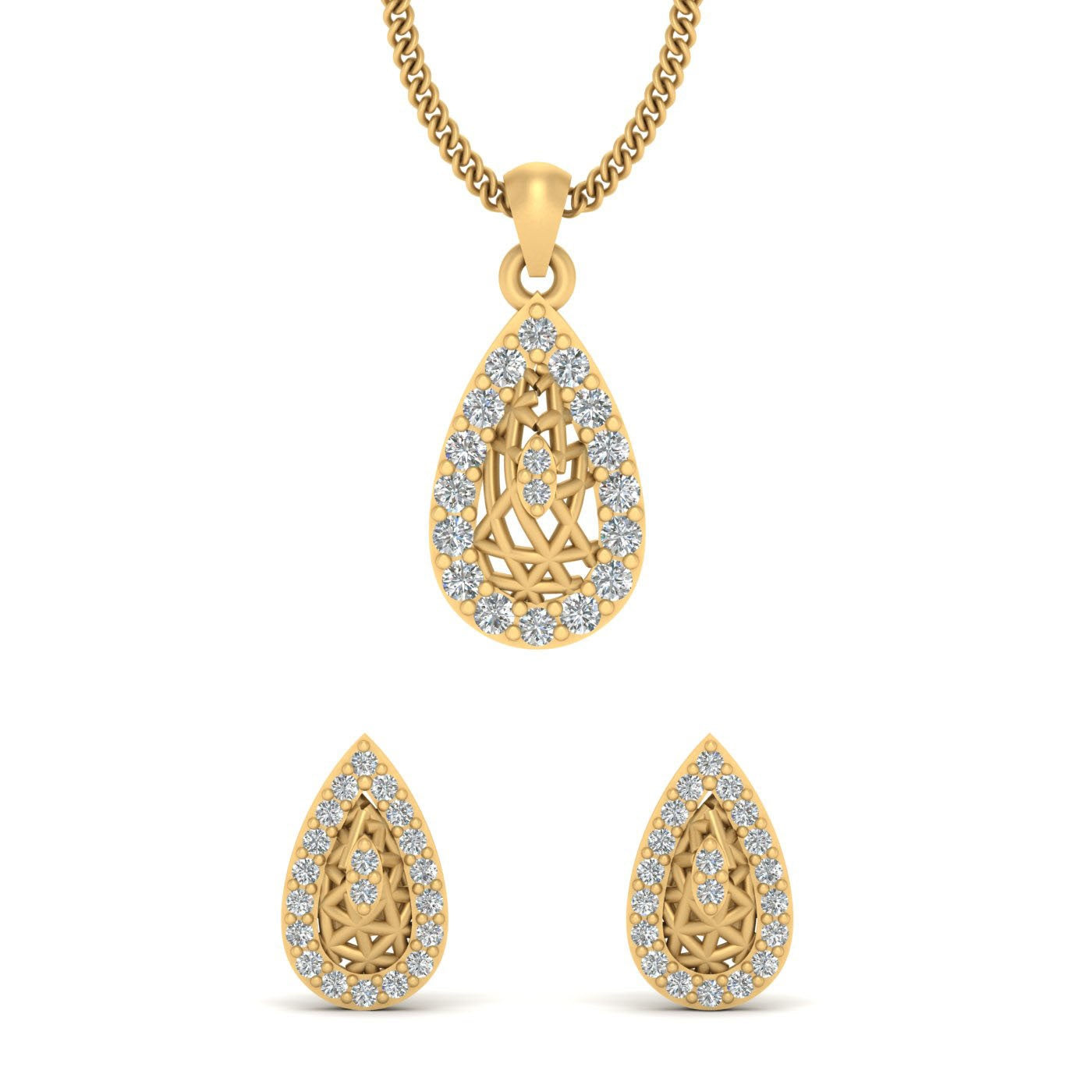 GOLD MESH DIAMOND PENDANT EARRINGS SET