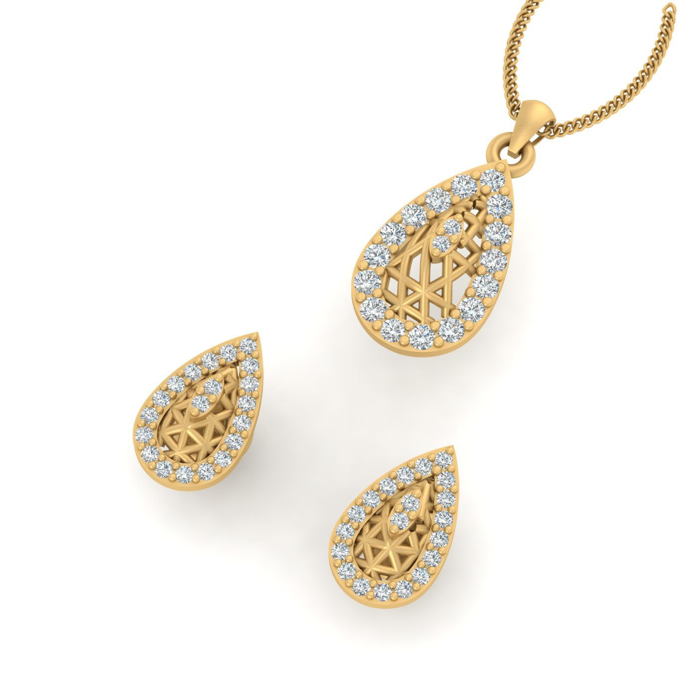 GOLD MESH DIAMOND PENDANT EARRINGS SET