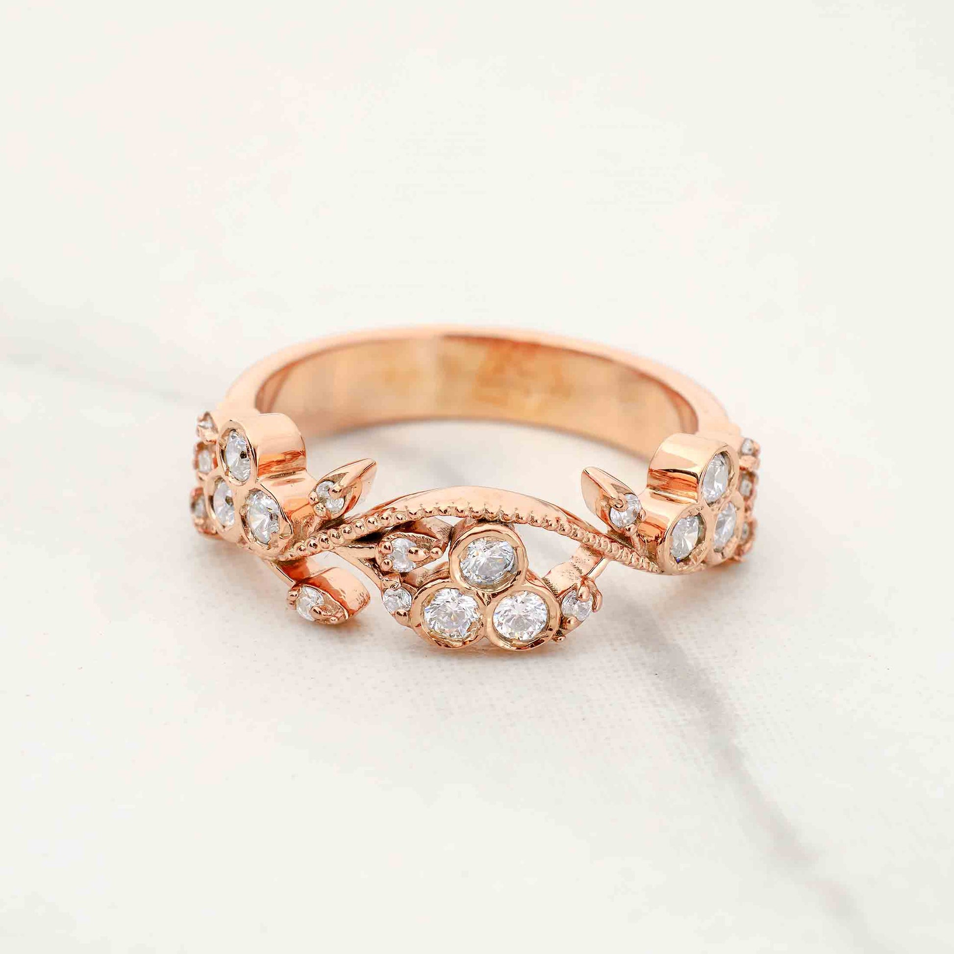 Floral Art Deco Wedding Band for Her Moissanite Diamond Anniversary Band Gift Rose Gold White Gold
