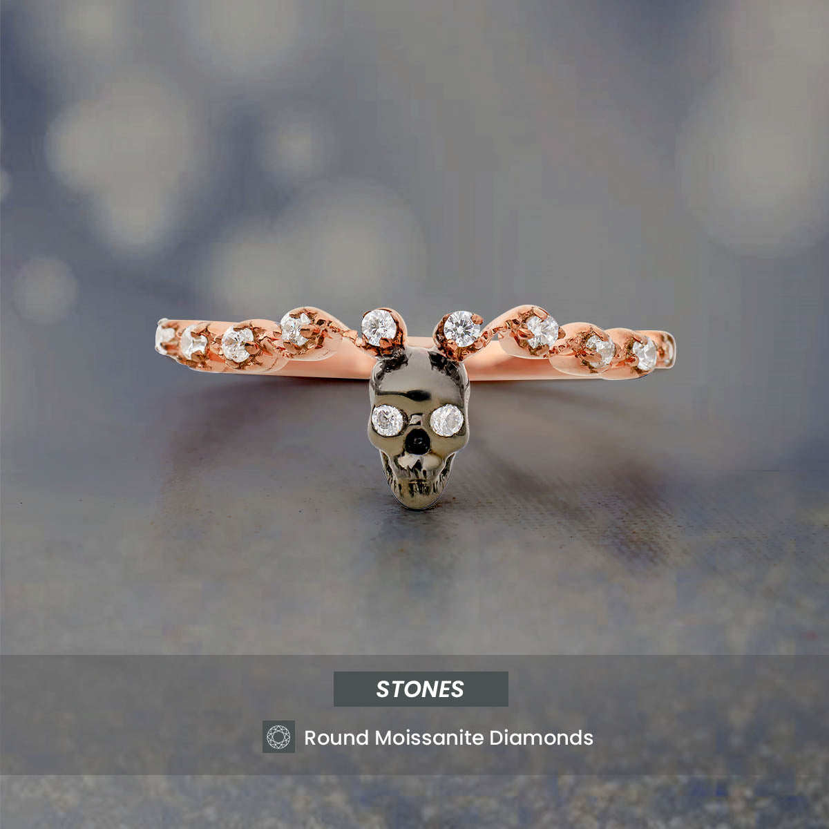 Two Tone Skull Band Moissanite Diamond Gothic Skull Wedding Ring for Women Sterling Silver