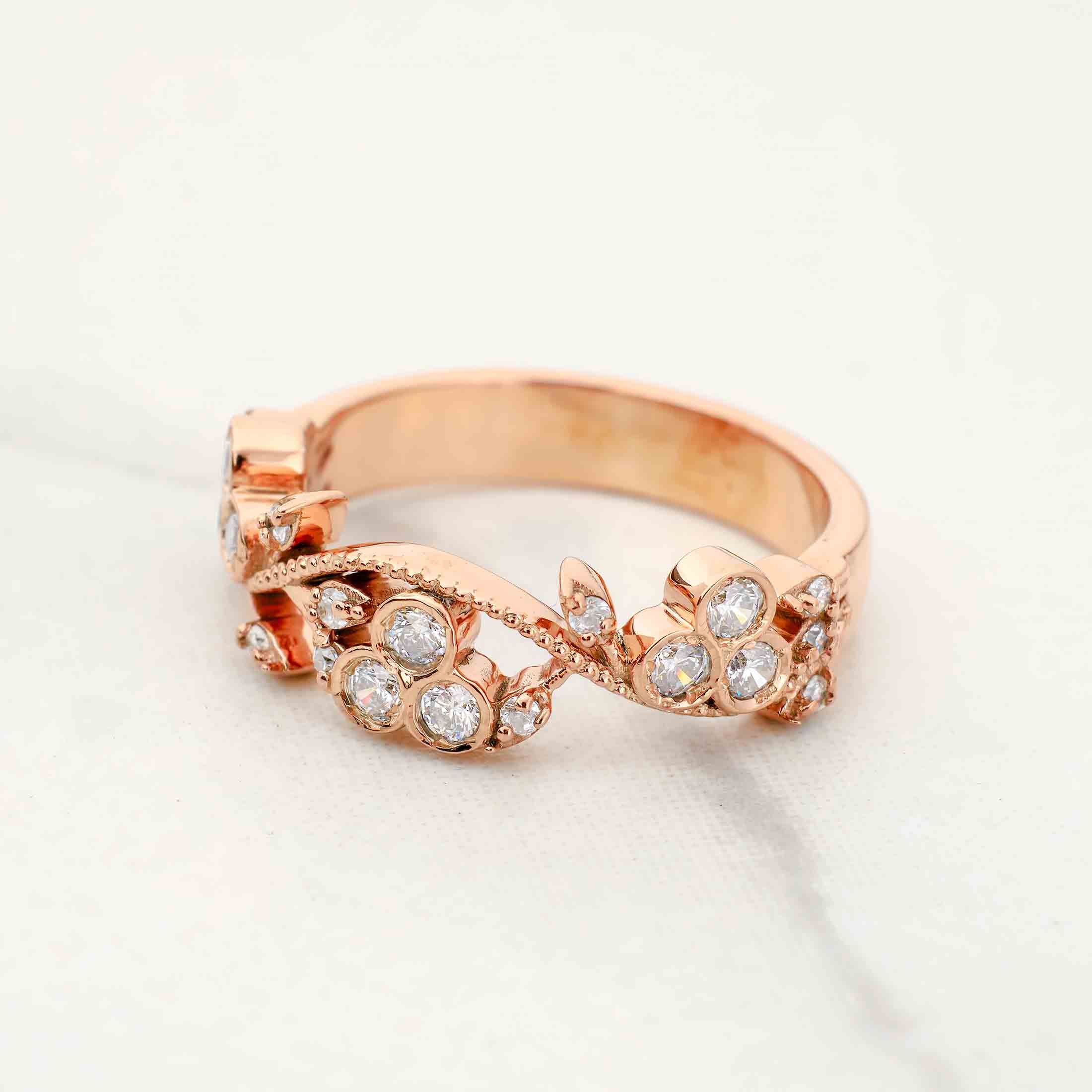 Floral Art Deco Wedding Band for Her Moissanite Diamond Anniversary Band Gift Rose Gold White Gold