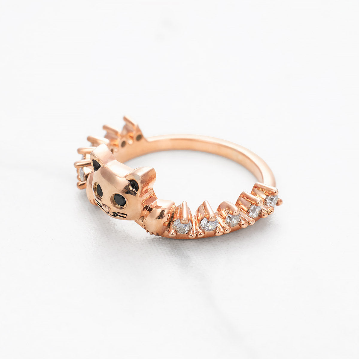 Diamond Cat Wedding Band Cute Kitty Cat Jewelry Stacking Band Sterling Silver Rose Gold White Gold