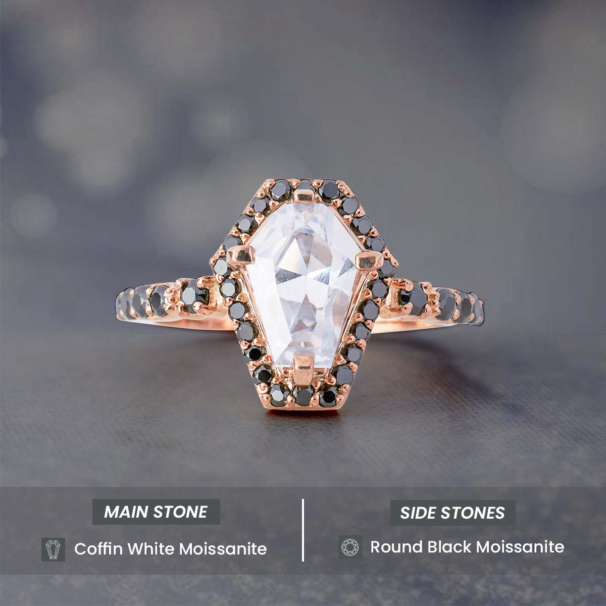 Coffin Cut Moissanite Diamond Engagement Rings Till Death Do Us Part Gothic Wedding Ring Rose gold Halo Statement
