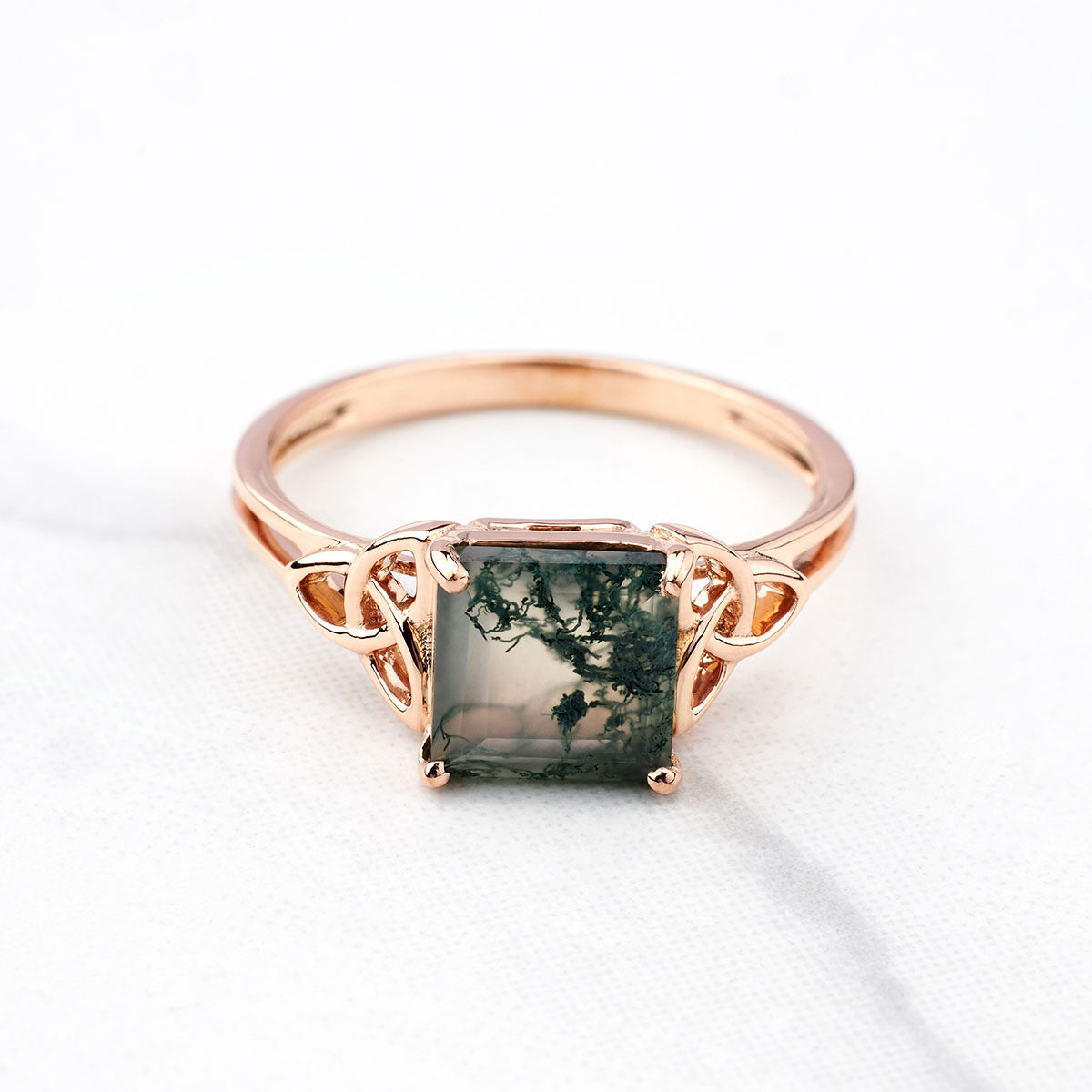 Princess Cut Solitaire Moss Agate Celtic Trinity Engagement Ring