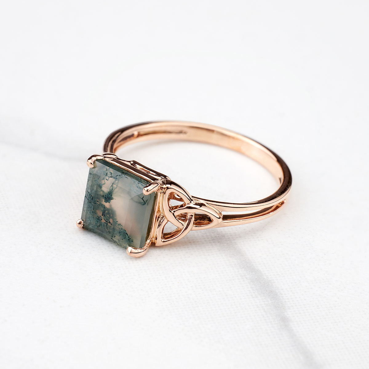 Princess Cut Solitaire Moss Agate Celtic Trinity Engagement Ring