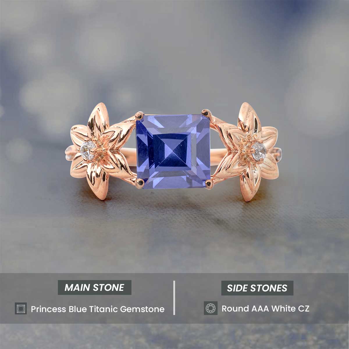 Princess Cut Titanic Gemstone Ring Flower Engagement Rings Art Nouveau Silver Gold