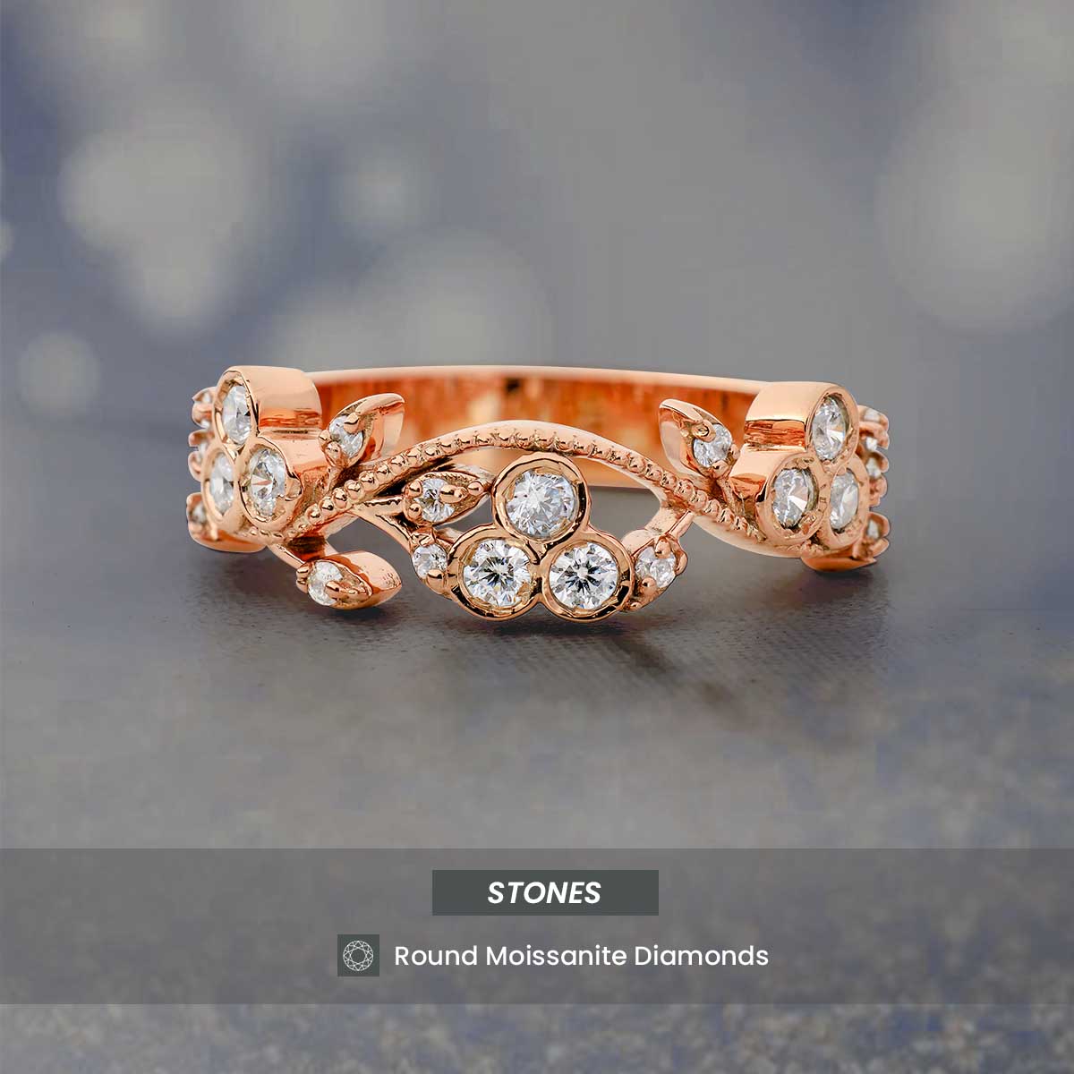 Floral Art Deco Wedding Band for Her Moissanite Diamond Anniversary Band Gift Rose Gold White Gold