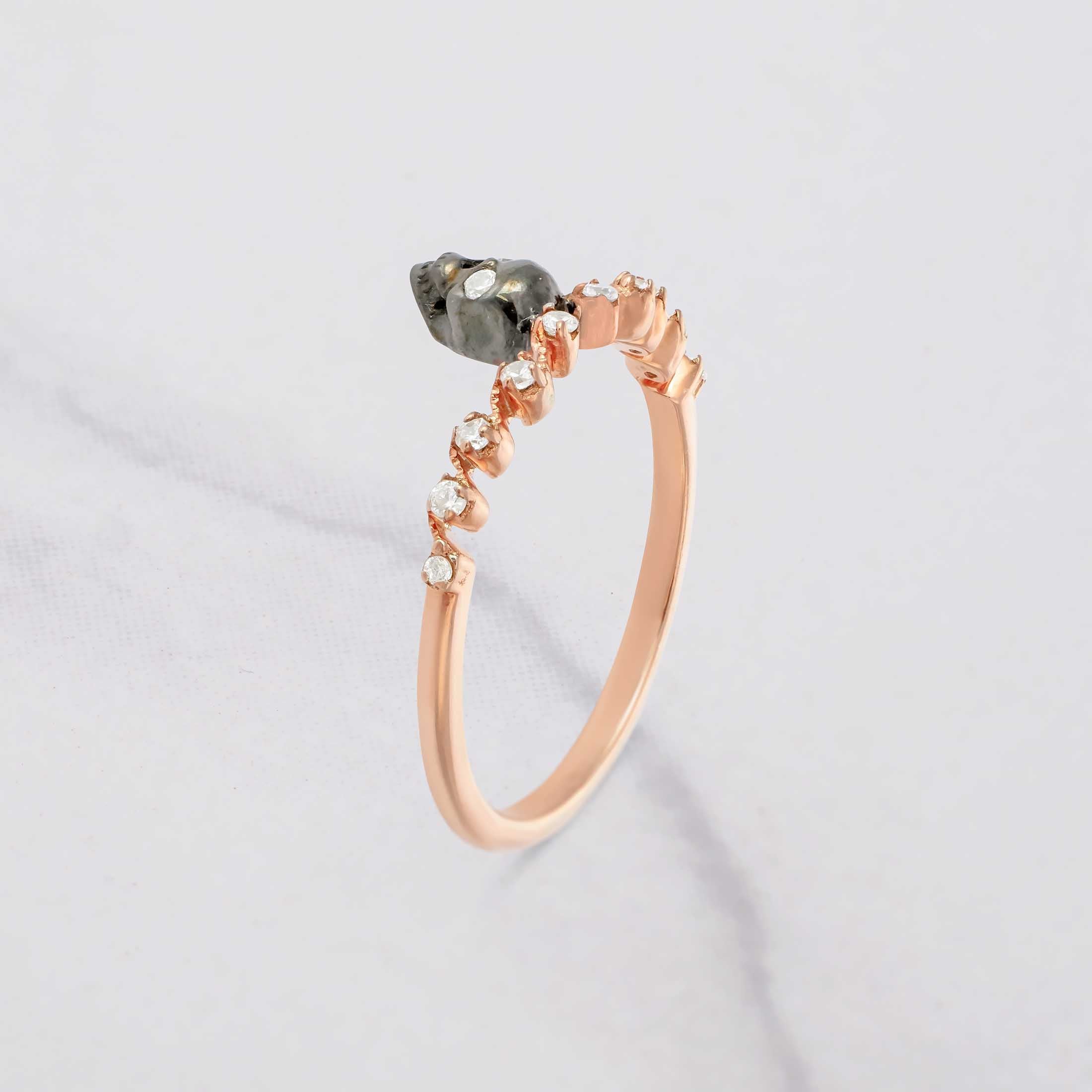 Two Tone Skull Band Diamond Gothic Skull Wedding Ring for Women Sterling Silver