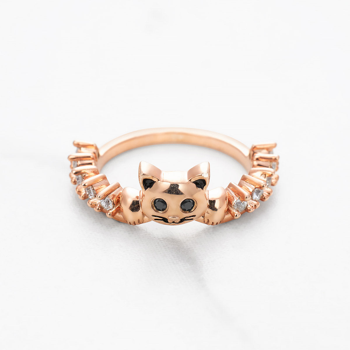 Diamond Cat Wedding Band Cute Kitty Cat Jewelry Stacking Band Sterling Silver Rose Gold White Gold