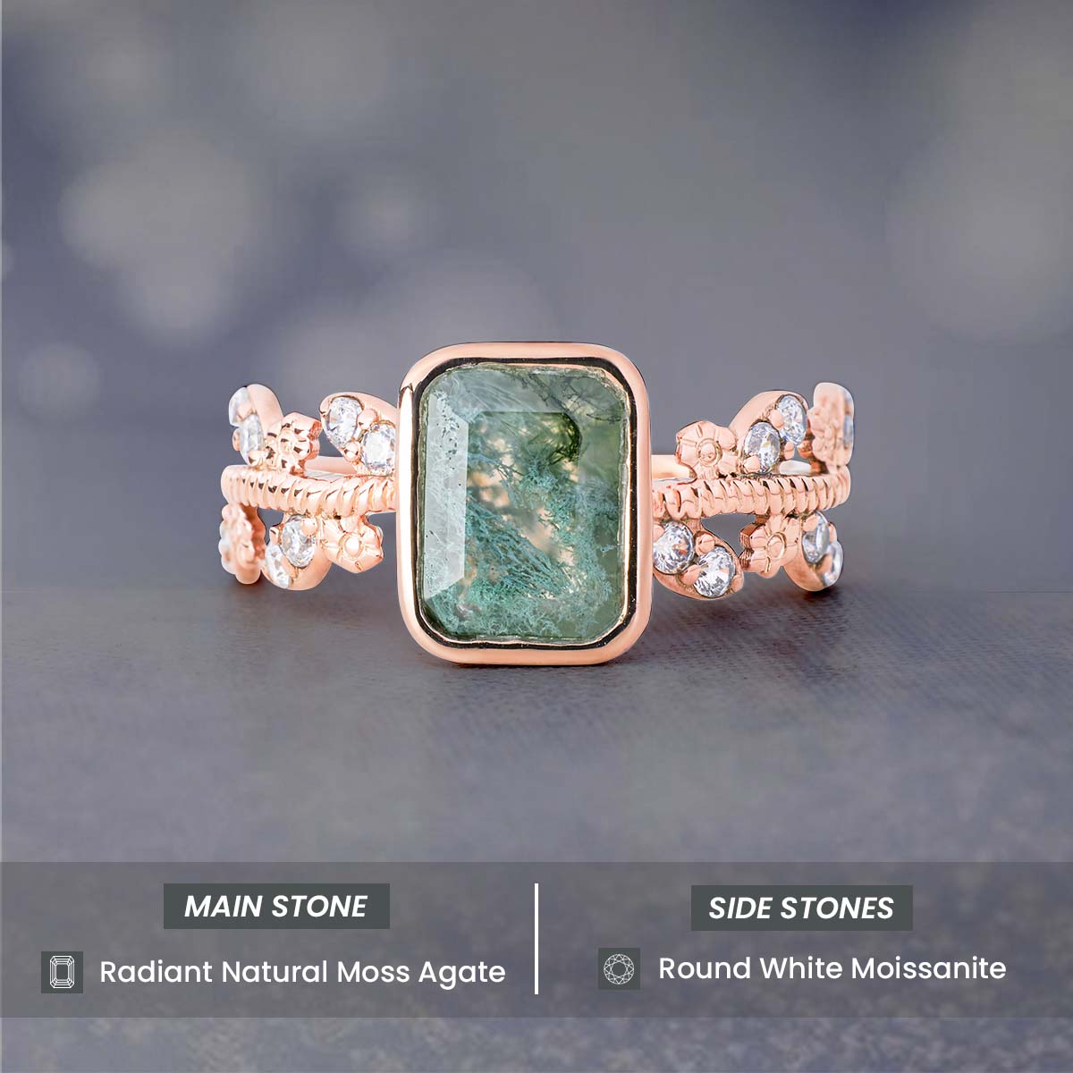 Natural Green Moss Agate Ring Healing Gemstone Art Deco Vintage Engagement Rings for Women Rose Gold