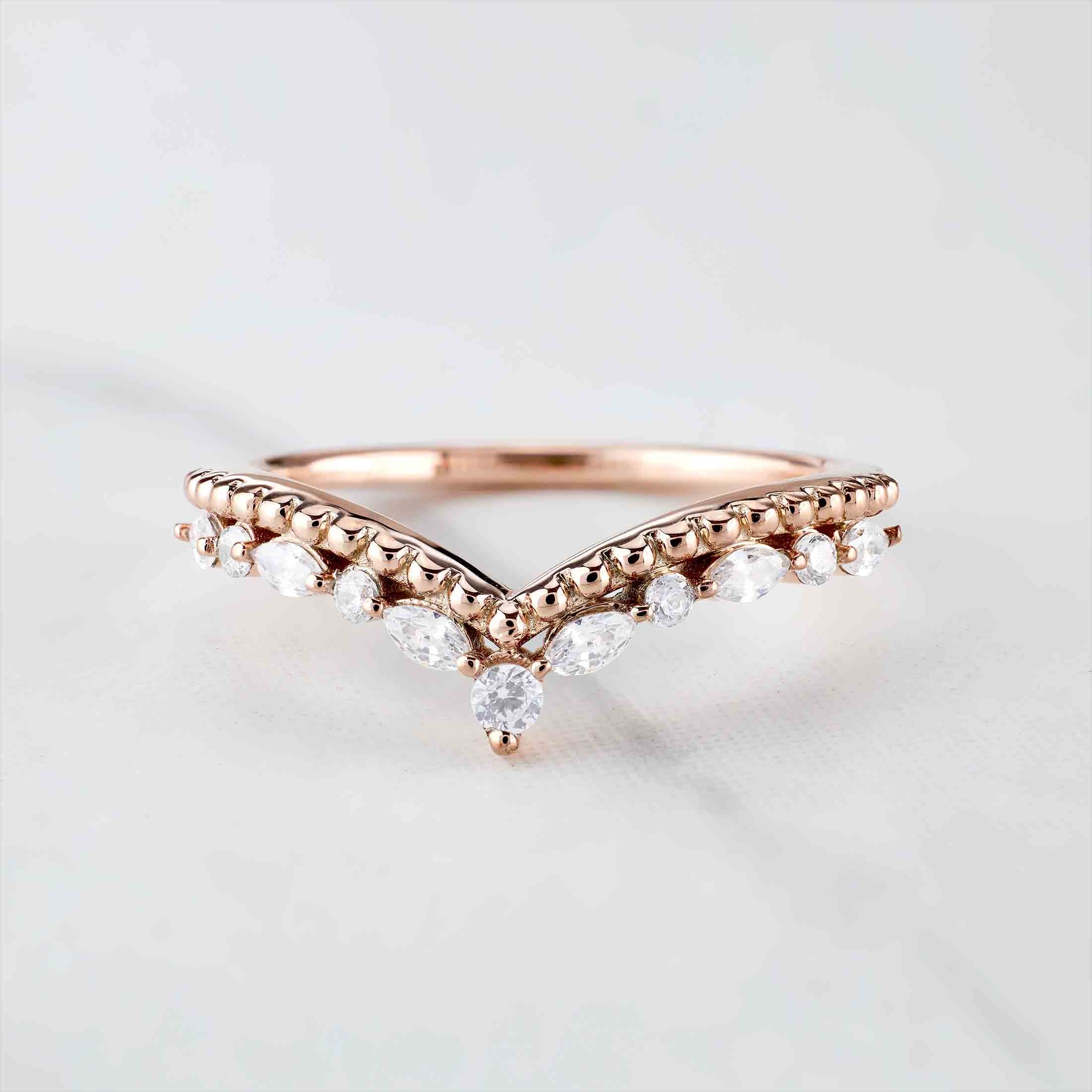 Curved Enhancer Wedding Band Milgrain Art Deco CZ Diamond Engagement Ring