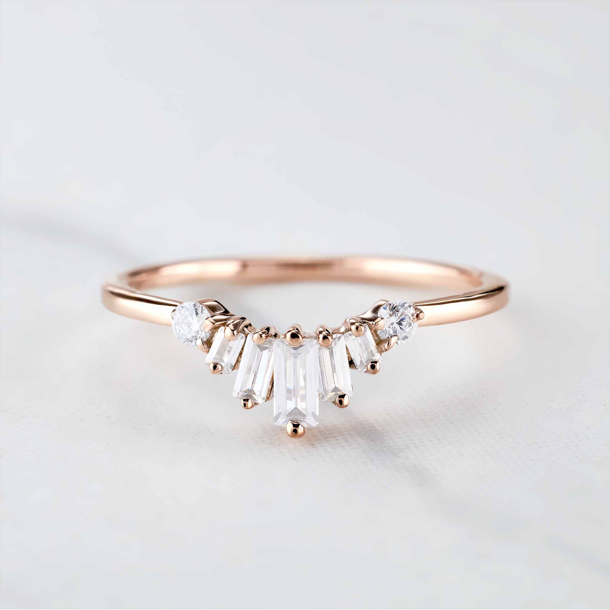 Baguette Moissanite Tiara Ring Curved Wedding Band Enhancer